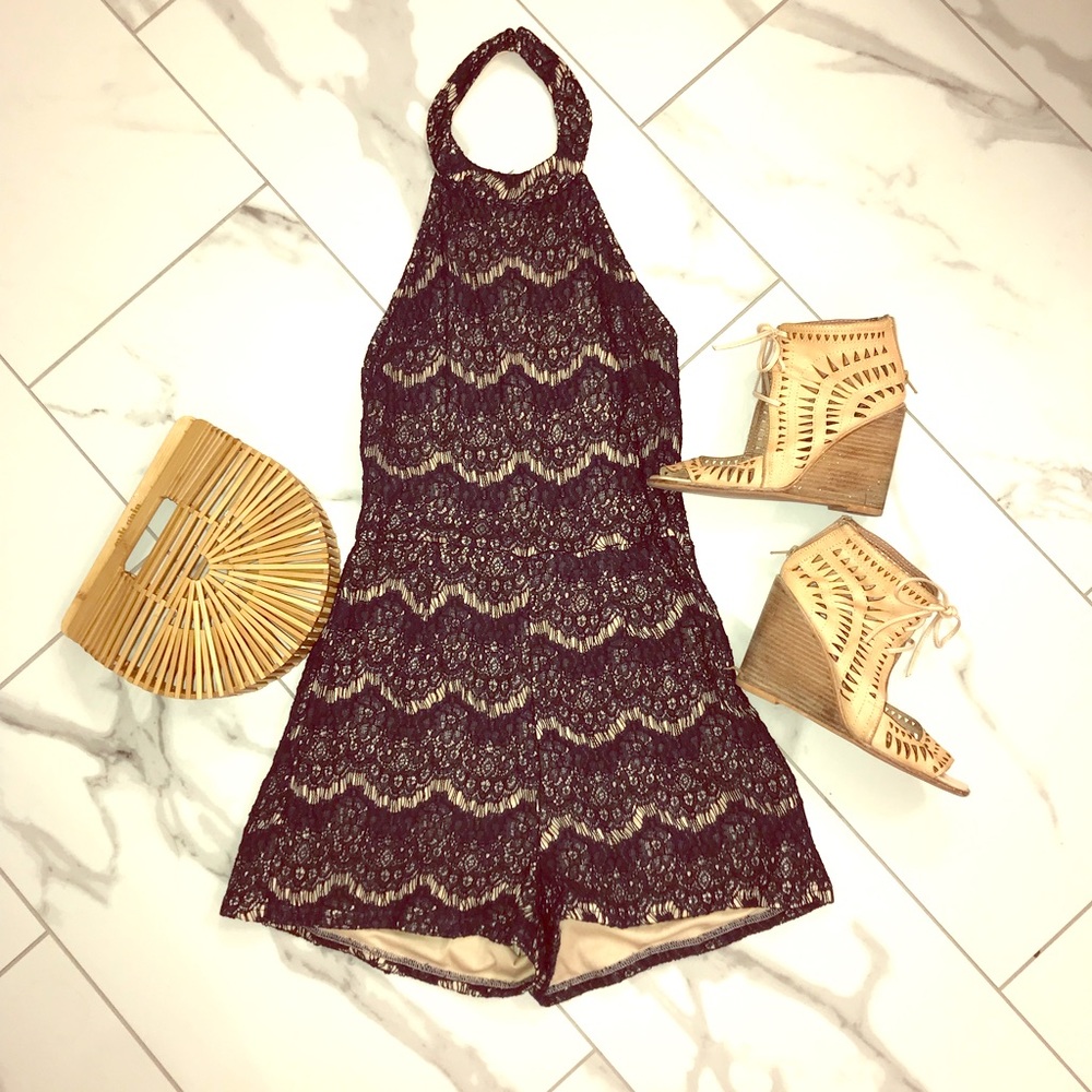 Navy Backless Lace Romper
